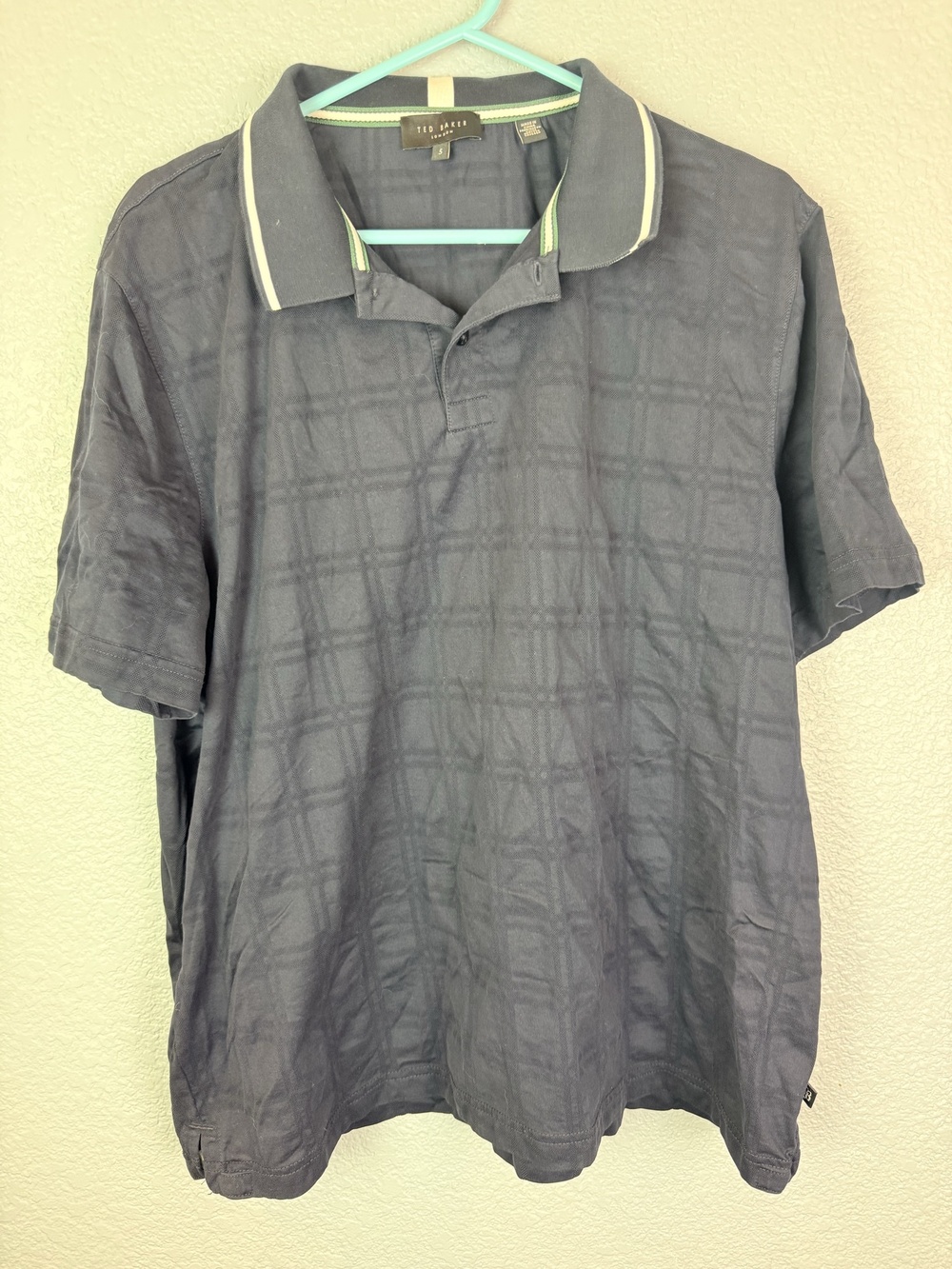 Ted Baker Polo Shirt Mens XL Blue Check Jacquard Knit Cotton Casual Top